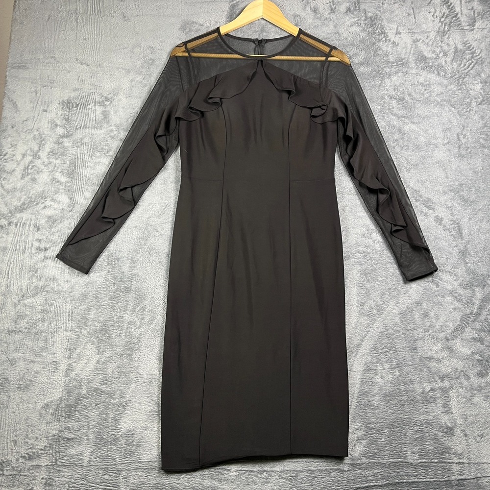 R&M Richards Sheath Dress Womens 6 Black Mesh Long Sleeve Ruffle Trim Back Zip